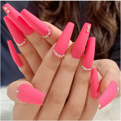 Press On Manicure Stiletto Nails With Rhinestones - Hot Pink