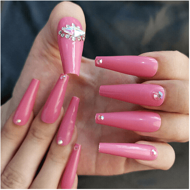 Press On Manicure Stiletto Nails With Rhinestones - Hot Pink