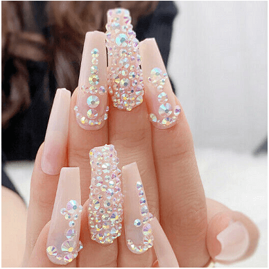 Press On Manicure Stiletto Nails With Rhinestones - Light Pink