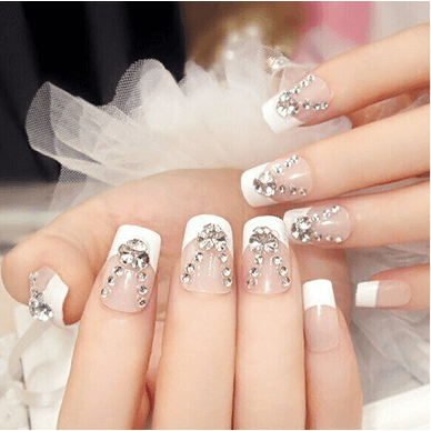 Press On French Manicure Nails With Rhinestones