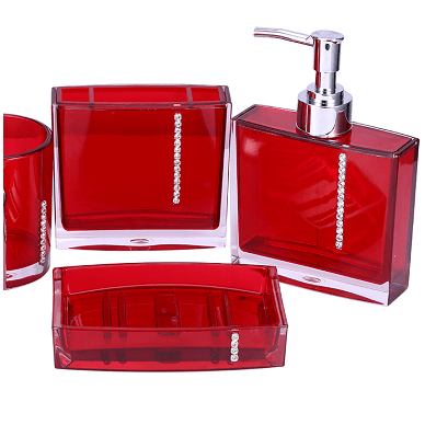 Red Bathroom Accessories 4-piece set with Rhinestones (Red)